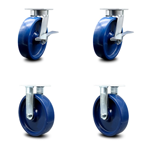 8 Inch Kingpinless Solid Poly Wheel Caster Brakes 2 Rigid, 2PK